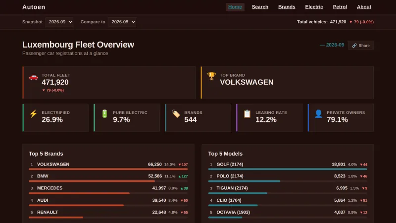 Autoen's fleet overview: total fleet, top brand, the electrified and pure-electric share, and the top five brands and models.