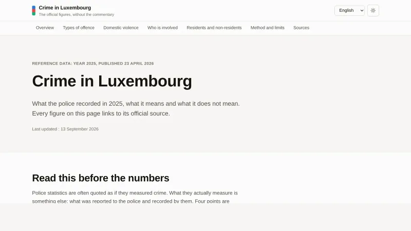 The site's header — “Crime in Luxembourg, the official figures without the commentary” — with its reference year and last update.
